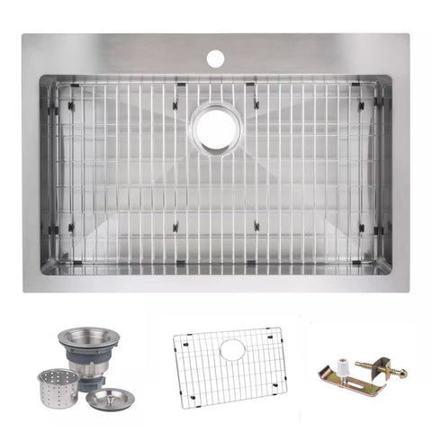 Miseno MSS3322SRTM 33" Top-Mount/Undermount Single Basin Stainless Steel Kitchen Sink - Drain Assembly and Fitted Basin Rack Included Free - 16 Gauge Stainless Steel