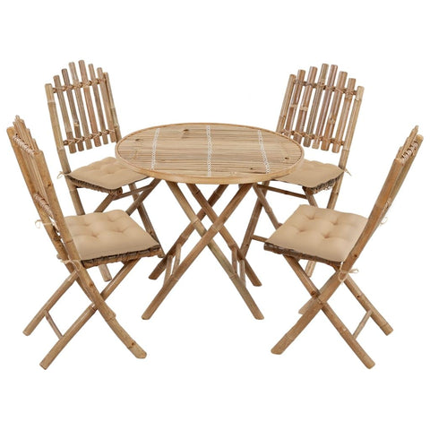 vidaXL Folding Patio Dining Set 5 Piece - Bamboo Table & Chairs with Beige Cushions, Round Table, Made of Durable Weather-Resistant Bamboo for Outdoor/Garden/Patio