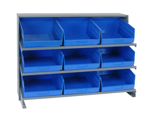 Quantum QPRHA-209BL Sloped Quickpick Cart | Bench Style Mobile Storage Rack for Industrial Display | (9) QSB209 Blue Bins; (3) Shelves | 250 lbs Capacity, 12.5"L x 36"W x 26.5"H, Gray, Carbon Steel