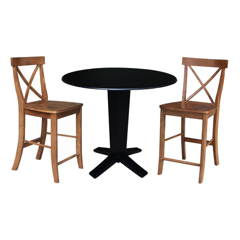 IC INTERNATIONAL CONCEPTS 42" Solid Wood Dual Drop Leaf Table with 2 Counter Height Stools