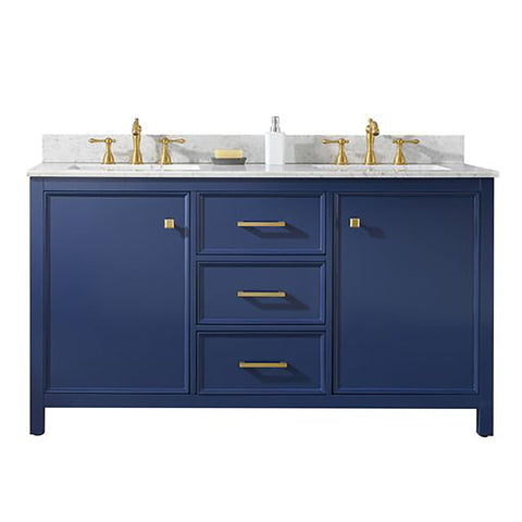 Legion Furniture 60-inch Blue Finish Double Sink Vanity Cabinet with Carrara White Top