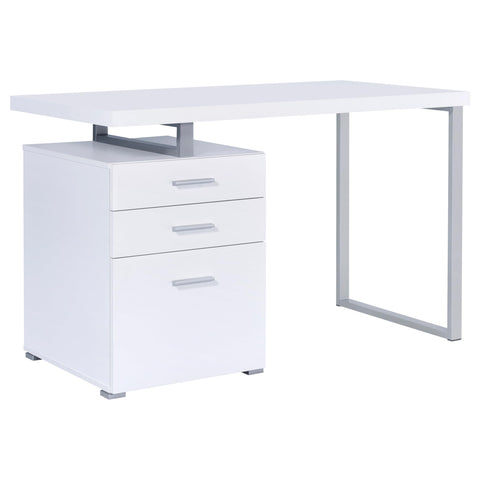 Coaster Home Furnishings Brennan Modern Contemporary Home Office 3-Drawer Writing Desk with Drawers Computer Desk Study Table File Cabinet Storage Silver Metal Frame White 800325