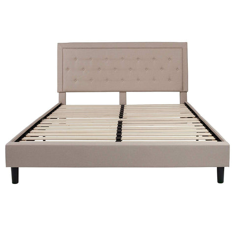 Fast Furnishings King Beige Upholstered Platform Bed Frame with Button Tufted Headboard