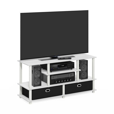 Furinno Jaya TV Stand, 4-Tier Entertainment Center with Open Shelf, TV Console for TV up to 55 Inch with 2 Storage Bins, Toolless Assembly, for Living Room, Bedroom, White
