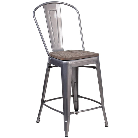 Flash Furniture 30" High Crystal Teal-Blue Metal Barstool with Back and Wood Seat