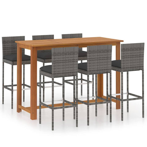 vidaXL Patio Bar Set, 7-Piece Outdoor Furniture with Stools and Table, Solid Acacia Wood with Oil Finish, Gray Poly Rattan Chairs with Cushions, Garden, Terrace, Farmhouse Style