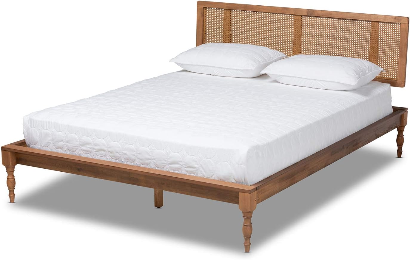 Baxton Studio Romy Vintage French Inspired Ash Wanut Finished Wood and Synthetic Rattan Full Size Platform Bed