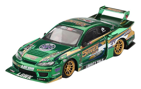 MINI GT Nissan Silvia S15 LB-Super Silhouette LBWK Fausto Racing, 1:64 Scale Diecast Model Car, Green