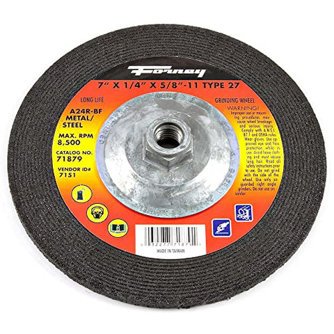 Forney 71879 Grinding Wheel with 5/8-Inch-11 Threaded Arbor, Metal Type 27, A24R, 7-Inch-by-1/4-Inch