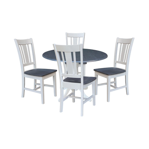 IC International Concepts 42" Dual Drop Leaf Dining Table with 4 San Remo SplatBack Chairs, White/Heather Gray