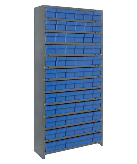 Quantum Storage Systems CL1875-602BL Closed Shelving System with Super Tuff Euro Drawers, 72 QED602 Shelf Bins, 18" D x 36" W x 75" H, Blue