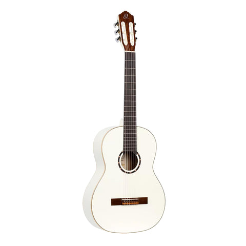 Ortega Guitars 6 Family Series Size Nylon String Classical Guitar w/Bag, Right, Spruce Top-White-Gloss, Full - Slim Neck (R121WH)