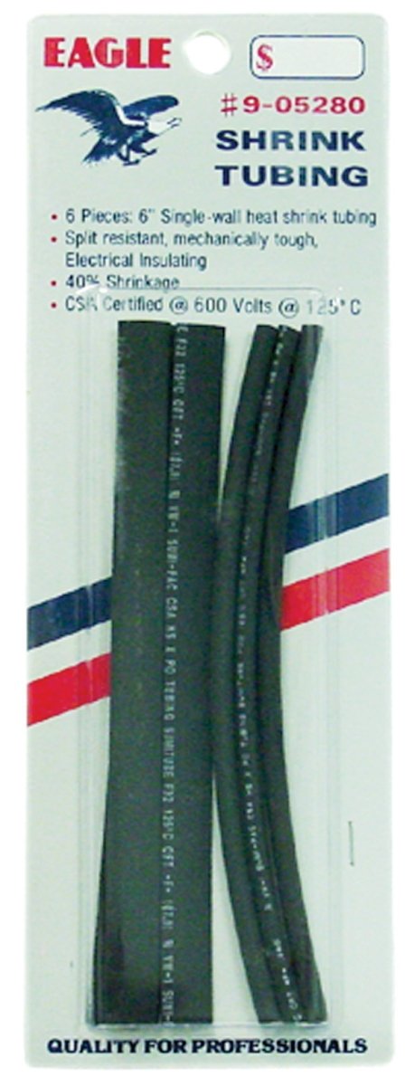 EAGLE - 6 PIECE - 6" BLACK HEAT SHRINK TUBING - 3 PIECES OF 3/16" AND 3 PIECES OF 5/16" - 40% SHRINKAGE
