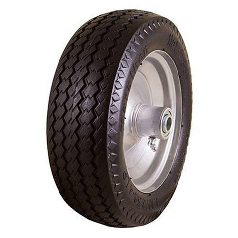 Marathon 00010 4.10/3.50-4" Flat Free Hand Truck Tire on Wheel, 2.25" Offset Hub, 5/8" Ball Bearings, Sawtooth Tread, SINGLE, Gray Rim