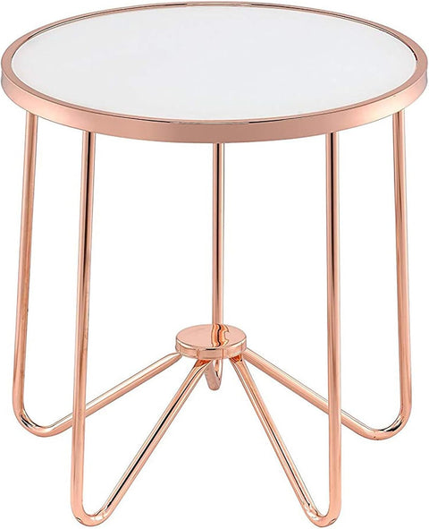 Acme Alivia Round Glass Top End Table in Frosted Glass and Rose Gold