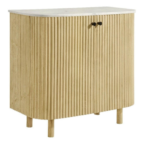 Modway Caldera 33-Inch Curved Solid Wood Fluted Storage Cabinet in Natural with Marble Top – Small Accent Credenza with Adjustable Shelf and Soft-Close Doors
