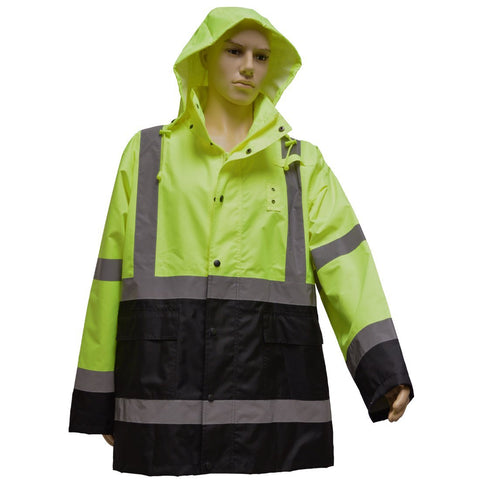 Petra Roc LBRJK-C3-6X Rain Parka Jacket ANSI-ISEA Class 3 Waterproof44; Two Tone Lime & Black with Detachable Hood Storm Flap44; Zipper & Snap Closure No Lining44; 6X
