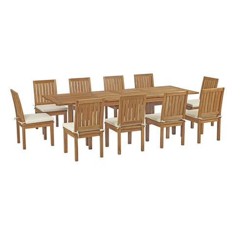 Modway EEI-3282-NAT-WHI-SET Marina Premium Grade A Teak Wood 11-Piece Outdoor Patio Dining Furniture Set, Ten Side Chair/One Table, Natural White