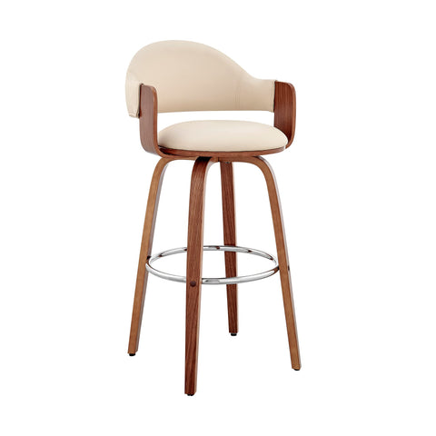 Armen Living Daxton Mid Century Modern Swivel Bar Stool for Kitchen Island Counter in Cream Faux Leather and Walnut Wood, 26" Seat Height