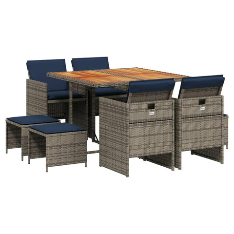 vidaXL Patio Dining Set with Cushions - 9-Piece Gray Poly Rattan Furniture for Outdoor, Garden, Backyard, Patio - Acacia Wood Tabletop, Foldable Chairs, Navy Blue Cushions