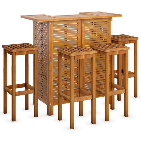 vidaXL Acacia Wood Outdoor Patio Bar Set - 5-Piece Bar Table and Stools with Shelf Storage, Oil Finish for Garden/Terrace
