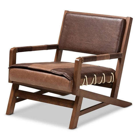 Baxton Studio Rovelyn Brown Faux Leather and Walnut Wood Lounge Chair