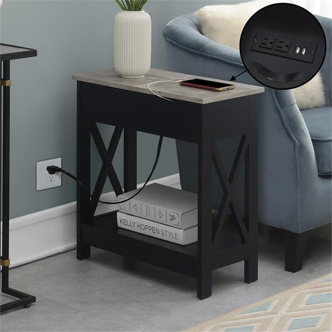 Convenience Concepts Oxford Flip Top End Table with Charging Station 23.75" - Modern Living Room Table with USB Ports and Power Outlets, Side Table Side Table with Storage Shelf, Faux Birch/Black