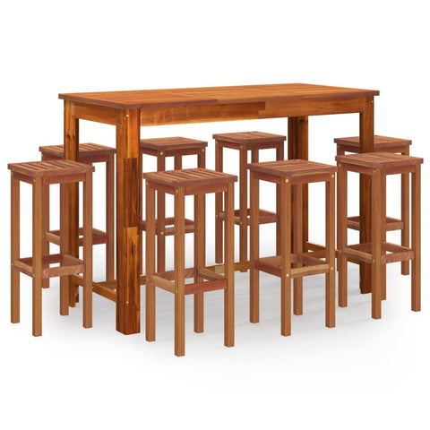 vidaXL 9 Piece Garden Bar Set Solid Acacia Wood Outdoor Seating Style Rectangular Table with 8 Stools for Balcony Terrace Patio Dining Furniture Wooden Bistro