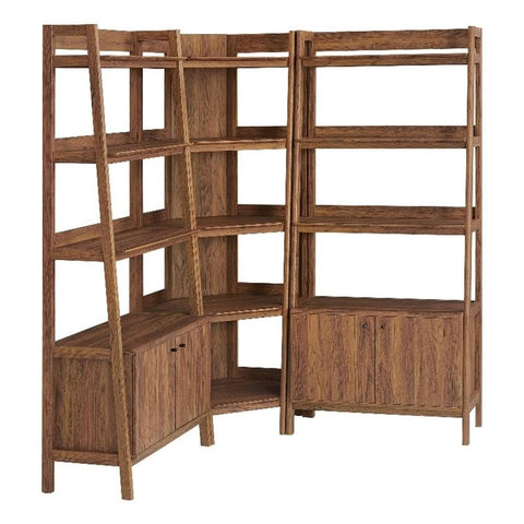 Modway Bixby 3-Piece Corner Bookshelf Set with Wide Bookshelves in Walnut – 12-Tier Wood Bookcases with Open Shelves and Base Cabinets for Living Room, Bedroom, Or Home Office
