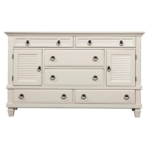 Oakestry Winchester White Wood Dresser with 6-Spacious Drawers and 2 Storage Cabinets Elegant Bedroom Furniture Organizer Farmhouse Coastal Transitional Style Modern Rustic Finish Durable Build