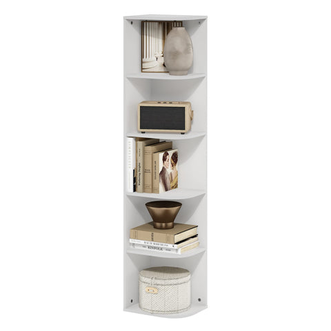 Furinno PASIR Book Shelf, 5-Tier Corner Bookshelf with Open Shelf, Standing Bookcase, 9.3 x 12 x 51.7, for Organization and Storage, for Living Room, Bedroom, Home Office, White