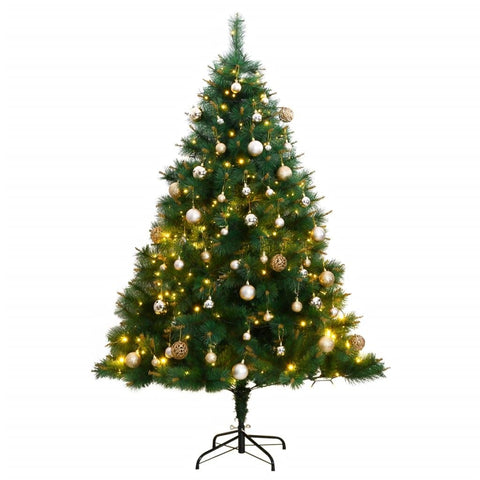 vidaXL Artificial Hinged Christmas Tree 59.1In with Dynamic LED Lights & Decorative Gold Balls for Indoor/Outdoor Holiday Decor Pre Lit Xmas Decoration