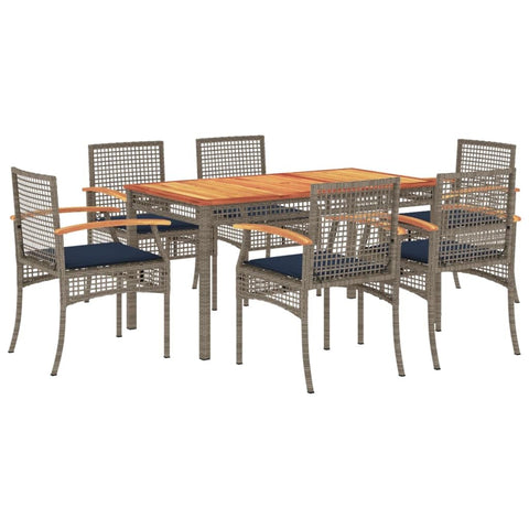vidaXL Patio Dining Set with Cushions - 7-Piece Gray Poly Rattan, Acacia Wood Table 55.1"x31.5"x29.5", 6 Chairs with Navy Blue Removable Covers - Garden, Patio, Backyard Outdoor Furniture