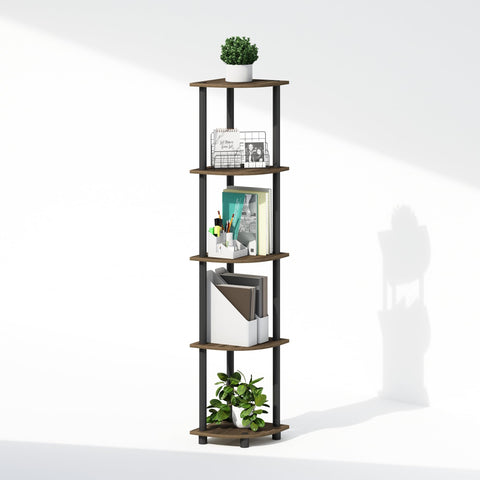 Furinno Turn-N-Tube Storage Shelves, 5-Tier Book Shelf, Corner Shelf with Open Shelves, Toollesss Assembly, for Organization and Storage, Living Room, Home Office, Hallway, Bedroom, Brown Walnut
