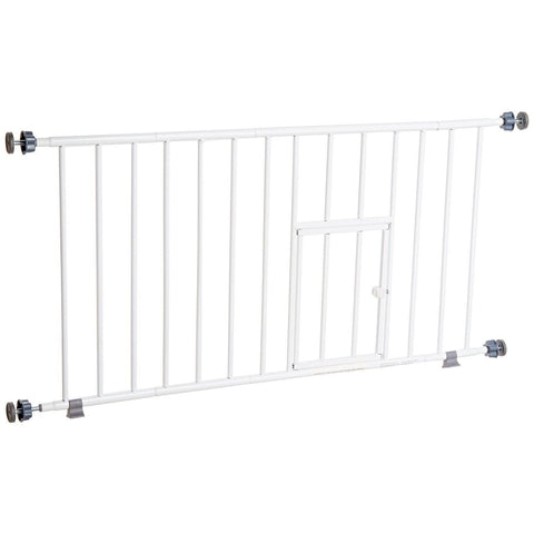 Carlson 18-30.75" Mini Expandable Dog Gate with Small Pet Door, Pressure Mounted Metal Indoor Pet Gate for Doorways & Bottom of Stairs, Cat Gate, White