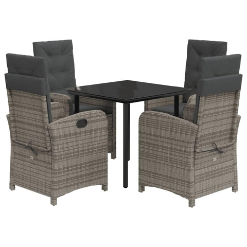 vidaXL 5 Piece Patio Dining Set with Cushions - Reclining Chairs, Gray Poly Rattan, Tempered Glass Top, Adjustable Backrest