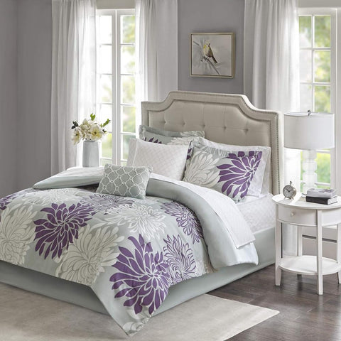 Oakestry 9PC Cotton Beautiful Printed Floral Sheets Damask Designed for All Season Elegant Soft and Luxury Bedsheets, King (104 in X 92 in), Purple/Gray