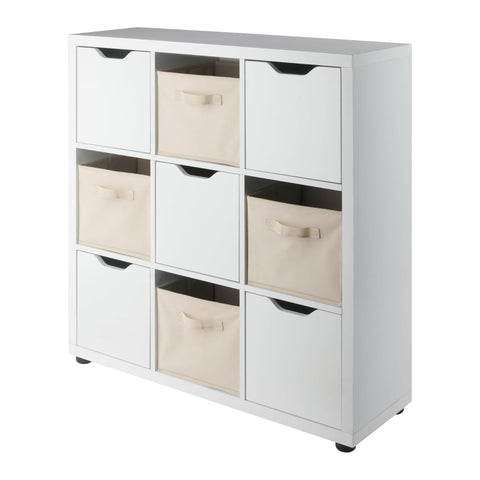 Oakestry Julian Storage Cabinet Set White Organizer for Living Room and Home Office with 4 Beige Baskets and Spacious Cube Shelf Design