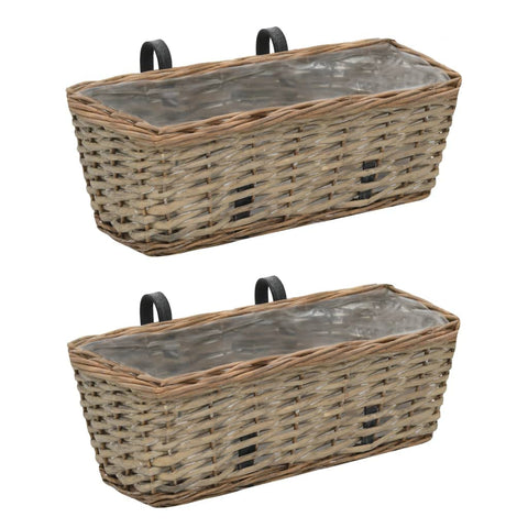 vidaXL Brand - Set of 2, Brown Wicker Balcony Planter Boxes with PE Lining - 15.7" Decorative Hanging Garden Patio Herb, Vegetable and Flower Pots