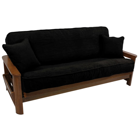 Blazing Needles Solid Microsuede Double Corded 8" to 9" Futon Cover Set with 2 Throw Pillows (Set of 3), Full, Black