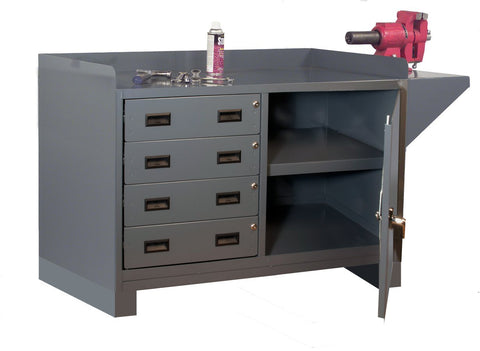 Stationary Workstation With 2 Fixed Shelves And Vice Support Shelf On Side 4 Drawers And 1 Lockable Door Back End Stops Gray