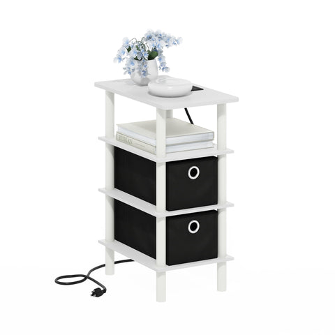 Furinno Turn-N-Tube 4-Tier Side Table End Table Nightstand with Bin Drawers USB and Type-C Charging Port White/White/Black