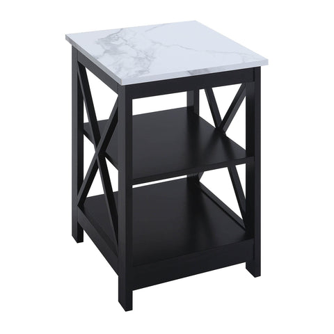 Convenience Concepts Oxford End Table 15.75" - Modern Living Room Table with Storage Shelves, Transitional Nightstand Side Table for Home Decor and Display, White Faux Marble/Black