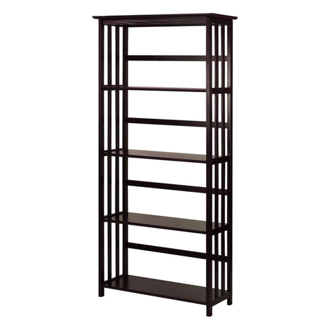 Oakestry Mission Style 5 Shelf Bookcase Espresso Tall Wooden Bookshelf Multi Tier Storage Organizer Open Display Rack Living Room Home Office Bedroom Durable Vertical Furniture Transitional Design