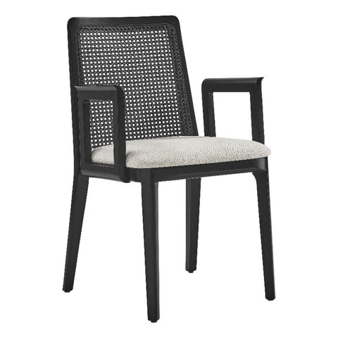 Modway Monarch Wood Dining Accent Armchair with Cane Back and Padded Seat in Black Black Heathered Weave Ivory