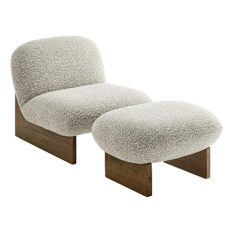 Modway Loyal Boucle Fabric Accent Chair with Ottoman in River Rock Walnut - Comfy Modern Armless Lounge Chair with Footrest - Upholstered Round Sofa Chair and Footstool Set for Living Room or Bedroom