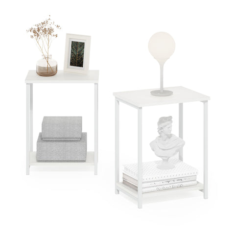 Furinno Simplistic Side Table Set of 2, 2-Tier Modern Metal Frame End Table with Open Shelf, Night Stand, Bedside Table, Easy Assembly, for Living Room, Bedroom, White