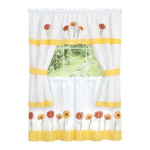 ACHIM Embellished Cottage Window Curtain Set - 58 Inch Width, 36 Inch Length - Gerbera Daisy - Light Filtering Drapes for Kitchen, Bedroom, Living & Dining Room Home Decor