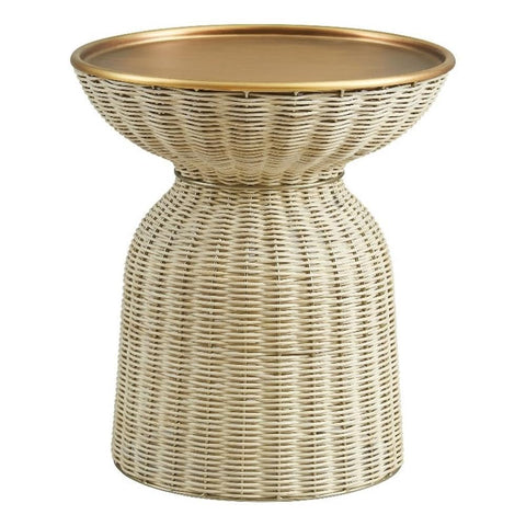 Modway Lazaro 17 Inch Rattan Side Table with Brass Top – Boho Woven Accent End Table with Removable Metal Tray in Burnished Brass Natural