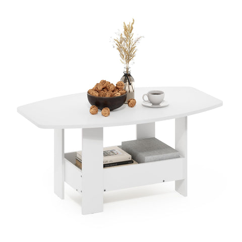 Furinno Simple Design Coffee Table, 2-Tier Modern Coffee Table with Lower Shelf, Round Corner Side Table, for Living Room, Bedroom, Home Office, White
